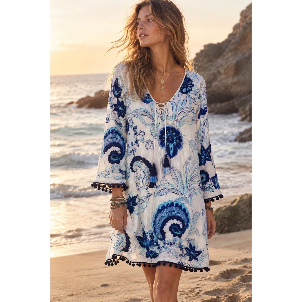 Boston Proper M White Blue Embroidered Beaded Tunic Dress Boho Resort